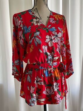 Red Floral Wrap-Style Blouse